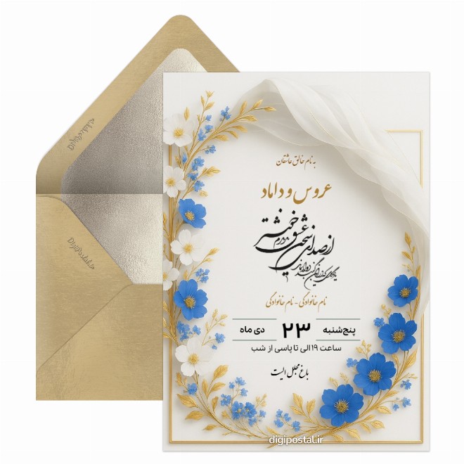 کارت دعوت عروسی گل های آبی طلایی